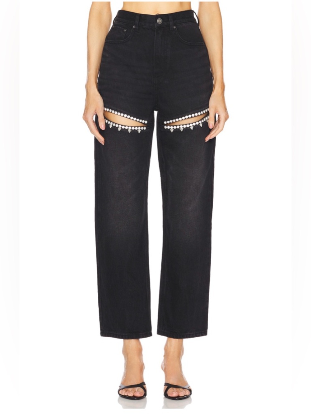 AREA Black Straight-Leg Jeans with Rhinestone Thigh Cutouts